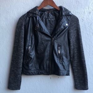 J2 Black & Grey Faux Leather Moto Jacket with Asymmetrical Zipper And Hood XS